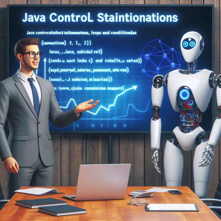 a businessman robot is publishing a tutorial with the title java control statements loops and conditionals in a conference room
