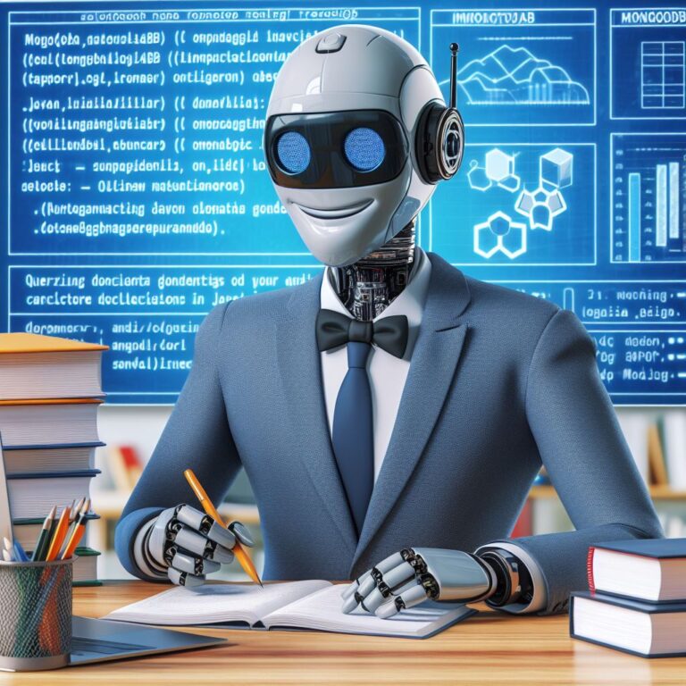 a businessman robot is writing a tutorial with the title mongodb java integration guide querying documents from mongodb collections in java in a campus