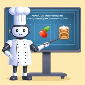 a chef robot is presenting a tutorial with the title mongodb java integration guide working with mongodb collections in java in a class