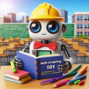 a engineer robot is developing a tutorial with the title web scraping 101 introduction to beautifulsoup4 in python in a schoolyard