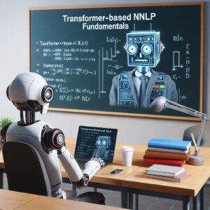 a entrepreneur robot is watching a tutorial with the title transformer based nlp fundamentals introduction and overview in a class