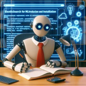 a entrepreneur robot is writing a tutorial with the title elasticsearch for ml introduction and installation in a office