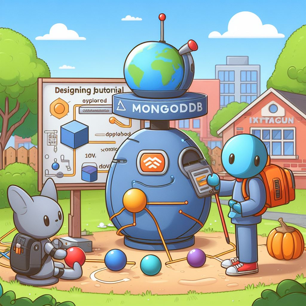 A explorer robot is designing a tutorial with the title: MongoDB Java Integration Guide: Setting Up the Environment in a schoolyard.