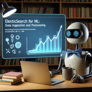 a explorer robot is watching a tutorial with the title elasticsearch for ml data ingestion and preprocessing in a study room