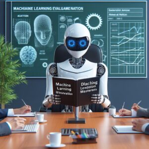 a professor robot is following a tutorial with the title machine learning evaluation mastery how to choose the right evaluation metric in a study room