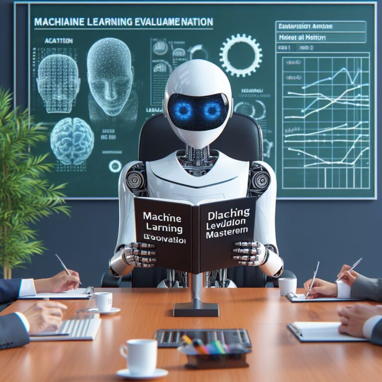 a professor robot is following a tutorial with the title machine learning evaluation mastery how to choose the right evaluation metric in a study room