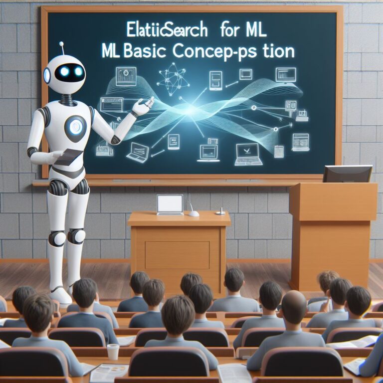 a professor robot is presenting a tutorial with the title elasticsearch for ml basic concepts and operations in a lecture hall