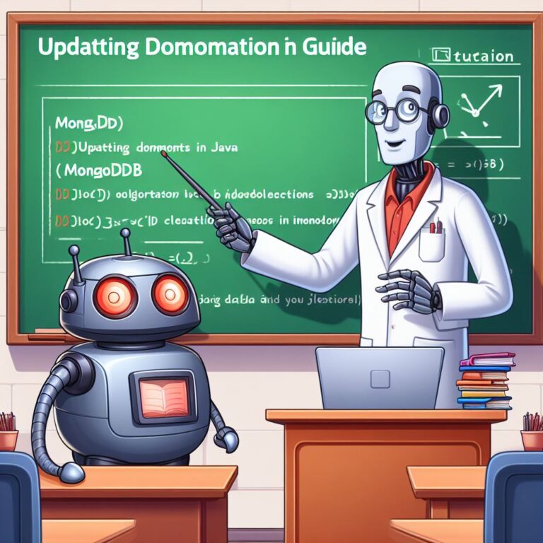 a professor robot is teaching a tutorial with the title mongodb java integration guide updating documents in mongodb collections in java in a lecture hall