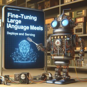 a robot is implementing a tutorial with the title fine tuning large language models deploying and serving