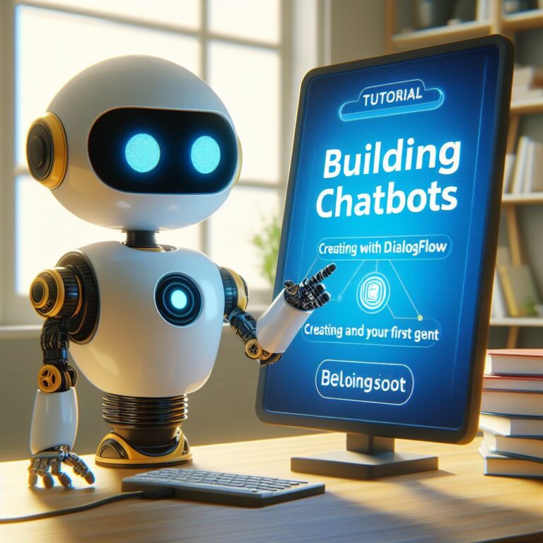 a robot is offering a tutorial with the title building chatbots with dialogflow creating and testing your first agent