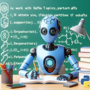 a robot is writing a tutorial with the title how to work with kafka topics partitions and offsets with python