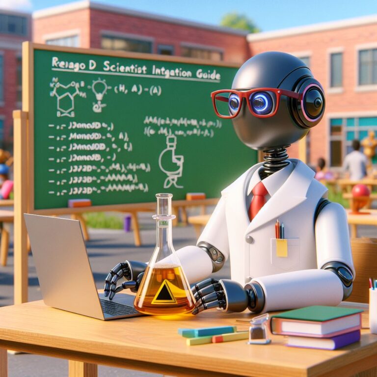a scientist robot is following a tutorial with the title mongodb java integration guide creating a mongodb client in java in a schoolyard