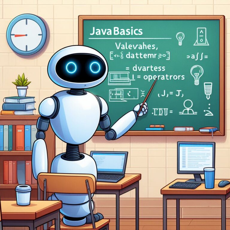 a student robot is following a tutorial with the title java basics variables data types and operators in a class 1