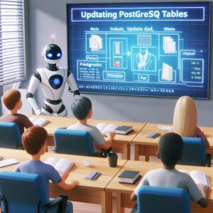 a student robot is watching a tutorial with the title updating postgresql tables insert update and delete in a conference room