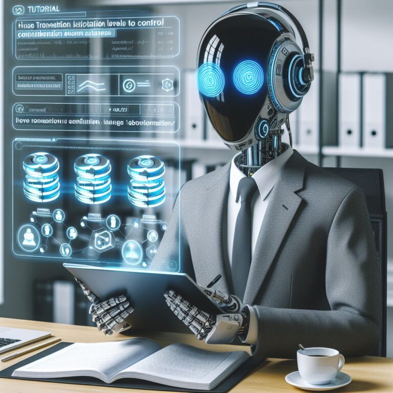 a businessman robot is developing a tutorial with the title how to use transaction isolation levels to control concurrency in a study room