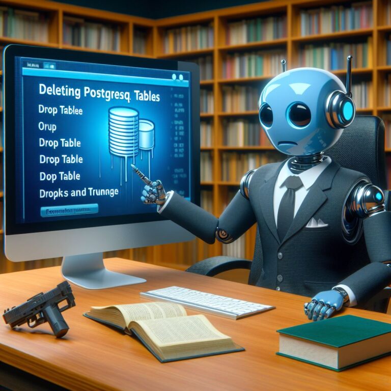 a businessman robot is watching a tutorial with the title deleting postgresql tables drop table and truncate in a library