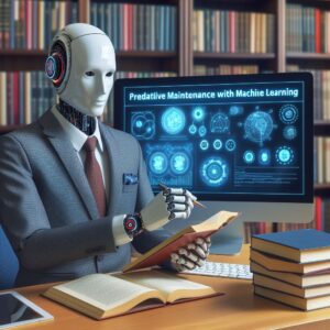 a businessman robot is writing a tutorial with the title predictive maintenance with machine learning introduction and overview in a library