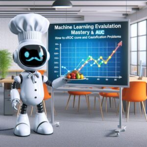 a chef robot is presenting a tutorial with the title machine learning evaluation mastery how to use roc curve and auc for classification problems in a office