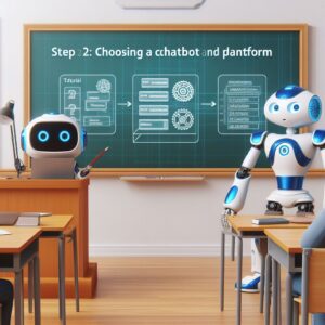 a engineer robot is developing a tutorial with the title step 2 choosing a chatbot framework and platform in a lecture hall