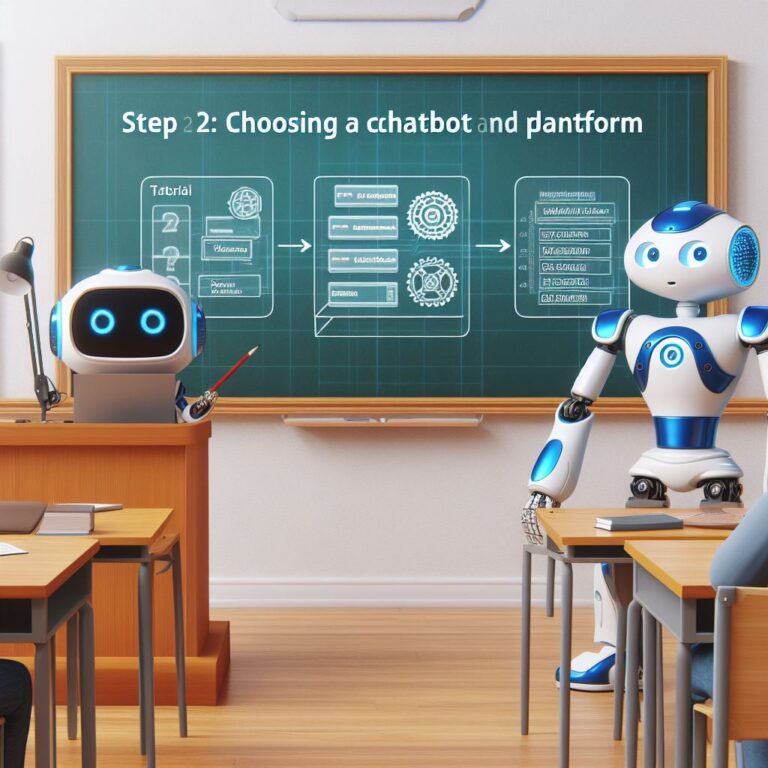 a engineer robot is developing a tutorial with the title step 2 choosing a chatbot framework and platform in a lecture hall