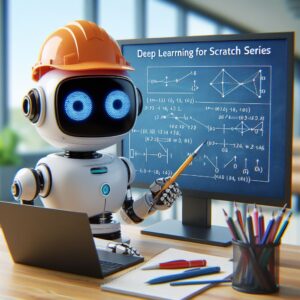 a engineer robot is following a tutorial with the title deep learning from scratch series linear regression with tensorflow in a campus