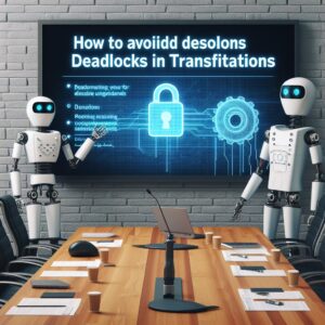 a engineer robot is following a tutorial with the title how to avoid and resolve deadlocks in transactions in a conference room
