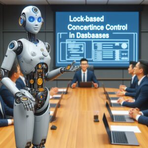 a engineer robot is presenting a tutorial with the title lock based concurrency control in databases in a conference room