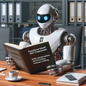 a engineer robot is reading a tutorial with the title transformer based nlp fundamentals xlnet and permutation language modeling in a boardroom