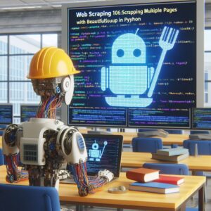 a engineer robot is watching a tutorial with the title web scraping 106 scraping multiple pages and websites with beautifulsoup4 in python in a campus
