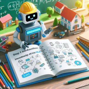 a engineer robot is writing a tutorial with the title step 1 introduction to nlp and chatbots in a schoolyard