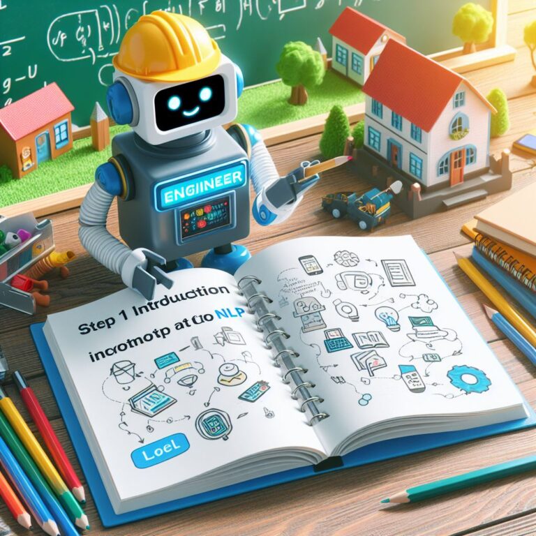 a engineer robot is writing a tutorial with the title step 1 introduction to nlp and chatbots in a schoolyard