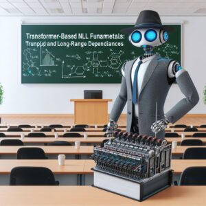 a entrepreneur robot is developing a tutorial with the title transformer based nlp fundamentals transformer xl and long range dependencies in a lecture hall