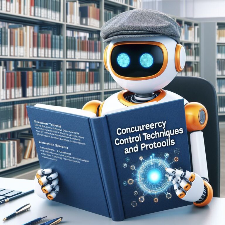 a entrepreneur robot is following a tutorial with the title concurrency control techniques and protocols in a library