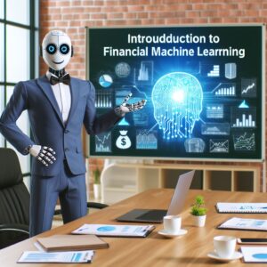 a entrepreneur robot is presenting a tutorial with the title introduction to financial machine learning in a boardroom 1