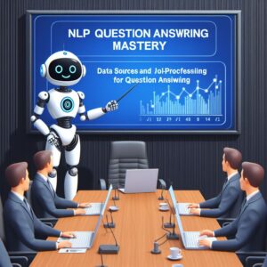 a entrepreneur robot is presenting a tutorial with the title nlp question answering mastery data sources and preprocessing for question answering in a boardroom