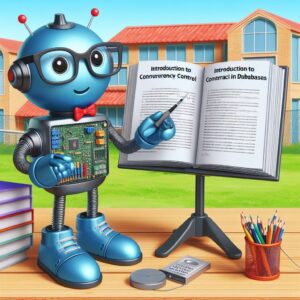 a entrepreneur robot is publishing a tutorial with the title introduction to concurrency control in databases in a schoolyard