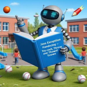 a entrepreneur robot is publishing a tutorial with the title java exception handling try catch throw and throws in a schoolyard