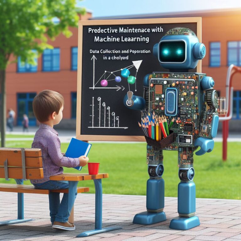 a entrepreneur robot is publishing a tutorial with the title predictive maintenance with machine learning data collection and preparation in a schoolyard