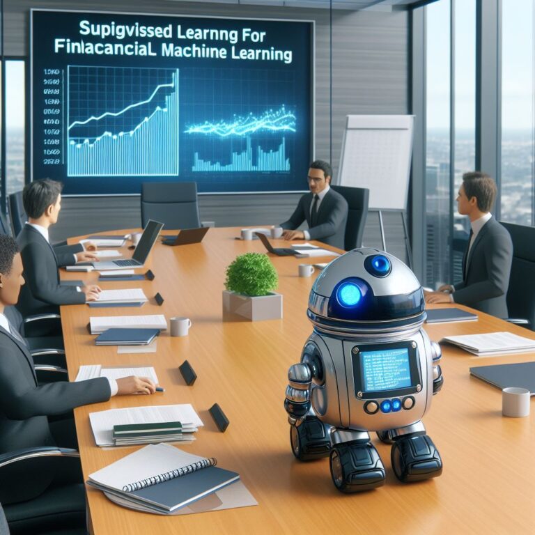 a explorer robot is following a tutorial with the title supervised learning for financial machine learning in a boardroom