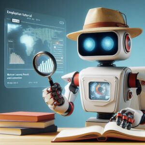 a explorer robot is implementing a tutorial with the title elasticsearch for ml machine learning results and evaluation in a library