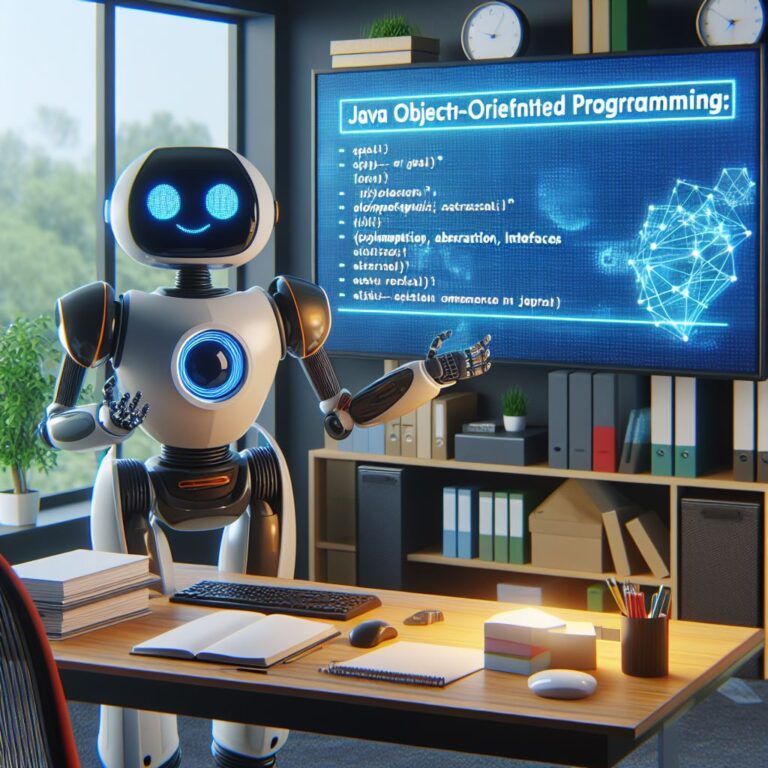 a explorer robot is presenting a tutorial with the title java object oriented programming polymorphism abstraction and interfaces in a office