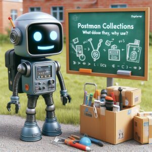 a explorer robot is watching a tutorial with the title postman collections what are they and why use them in a schoolyard