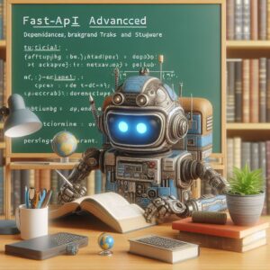 a explorer robot is writing a tutorial with the title fastapi advanced dependencies background tasks and middleware in a study room