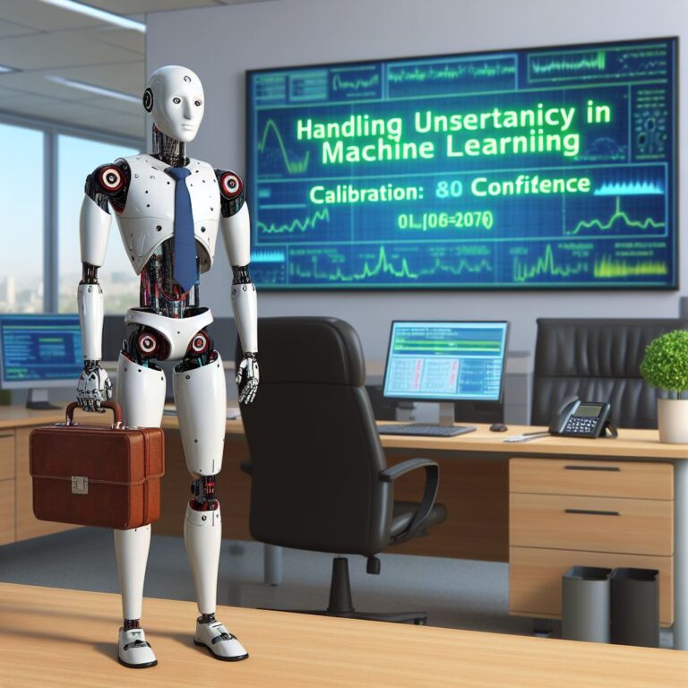 a professor robot is following a tutorial with the title handling uncertainty in machine learning calibration and confidence in a office