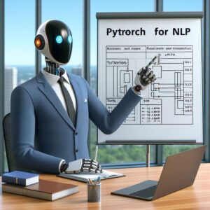 a professor robot is implementing a tutorial with the title pytorch for nlp working with text data in a boardroom