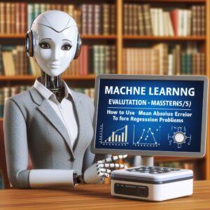 a professor robot is presenting a tutorial with the title machine learning evaluation mastery how to use mean absolute error and mean absolute percentage error for regression problems in a library