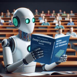 a professor robot is reading a tutorial with the title deep learning from scratch series neural networks with tensorflow in a lecture hall