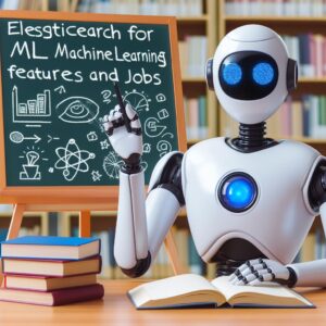 a professor robot is writing a tutorial with the title elasticsearch for ml machine learning features and jobs in a library