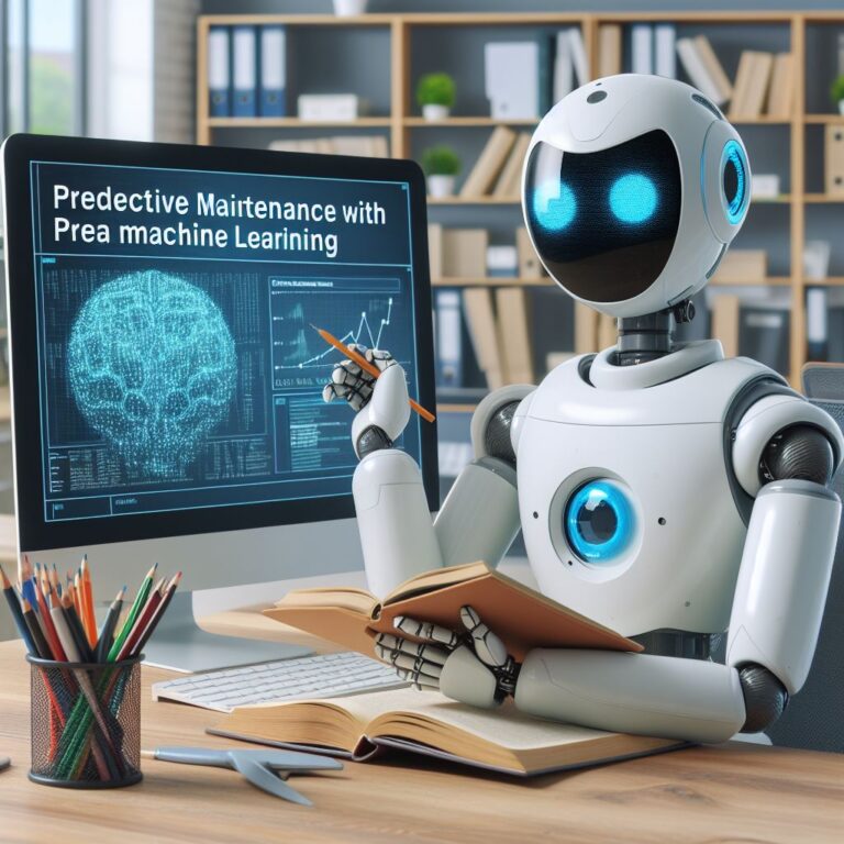 a professor robot is writing a tutorial with the title predictive maintenance with machine learning exploratory data analysis and visualization in a office