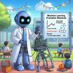a scientist robot is designing a tutorial with the title machine learning evaluation mastery how to use adjusted r squared and root mean squared error for regression problems in a schoolyard